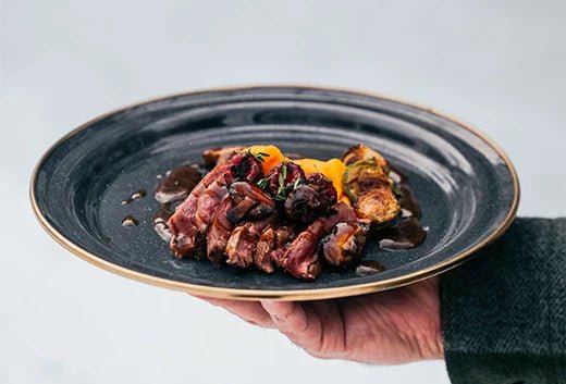 Deer, sweet potato purée, seasonal vegetables and Hooké gin reduction - Hooké