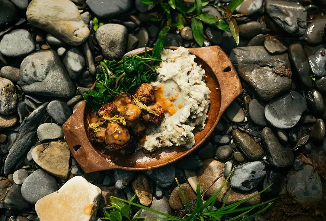 Moose meatballs with Boréale red beer sauce and wilted sea spinach