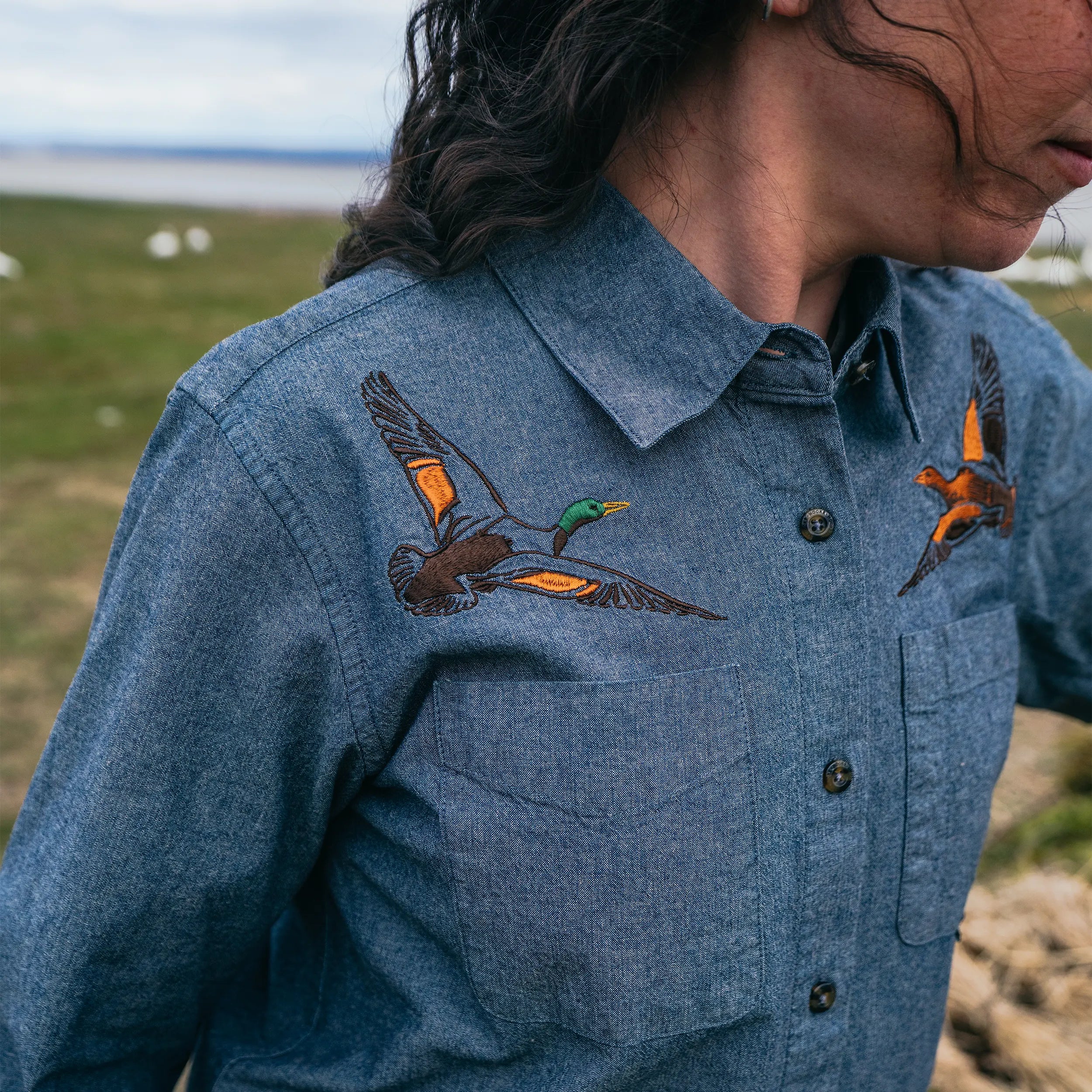 Chemise en chambray envolée de canards pour femme